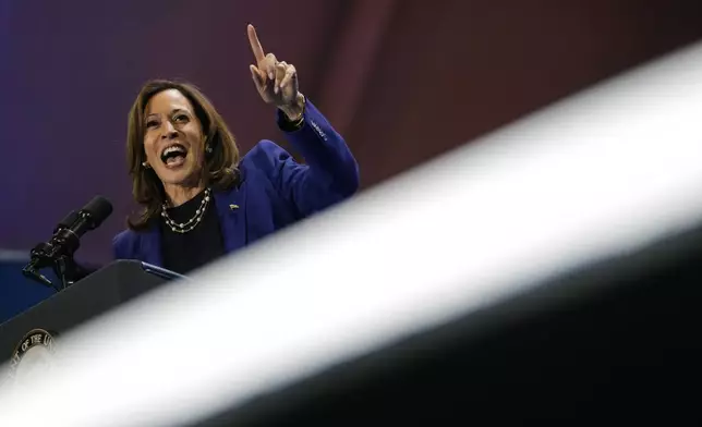 Democratic presidential nominee Vice President Kamala Harris speaks at a campaign rally Thursday, Oct. 31, 2024, in North Las Vegas, Nev. (AP Photo/John Locher)