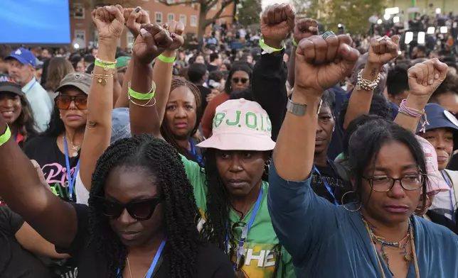 Supporters react as Vice President Kamala Harris delivers a concession speech after the 2024 presidential election, Wednesday, Nov. 6, 2024, on the campus of Howard University in Washington. (AP Photo/Jacquelyn Martin)