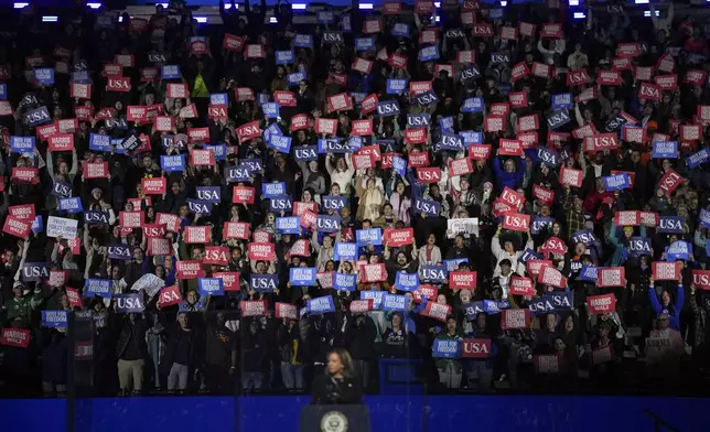 Democratic presidential nominee Vice President Kamala Harris speaks during a campaign rally outside the Philadelphia Museum of Art, Monday, Nov. 4, 2024, in Philadelphia. (AP Photo/Matt Slocum)