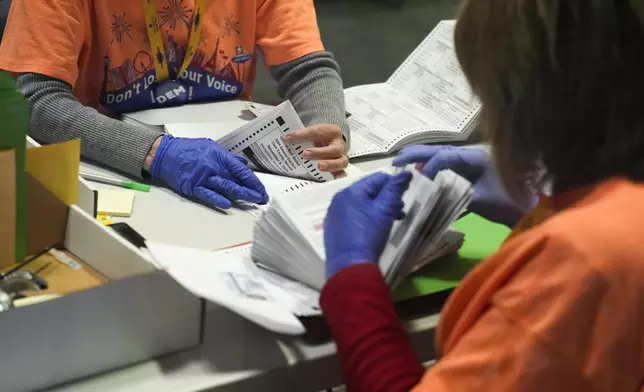 County workers sort through ballots in the extraction and inspection area at the Clark County Election Department, Saturday, Nov. 2, 2024, in North Las Vegas, Nev. (AP Photo/John Locher)