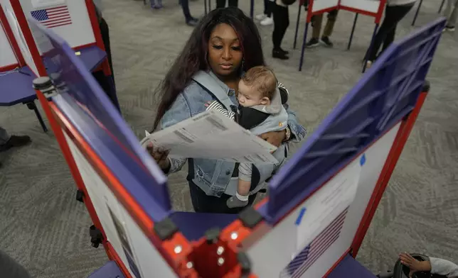 First-time voter Kayria Hildebran holds baby Kayden Hildebran as she fills out her ballot during in-person early voting at Hamilton County Board of Elections, Thursday, Oct. 31, 2024, in Cincinnati. (AP Photo/Carolyn Kaster)