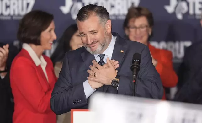 Sen. Ted Cruz, R-Texas, speaks during a watch party on election night, Tuesday, Nov. 5, 2024, at the Marriott Marquis in Houston. (AP Photo/LM Otero)