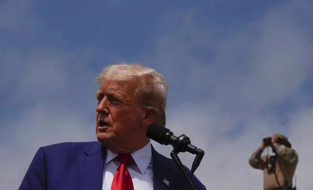 Republican presidential nominee former President Donald Trump speaks during a campaign rally at North Carolina Aviation Museum, Wednesday, Aug. 21, 2024, in Asheboro, N.C. (AP Photo/Julia Nikhinson)