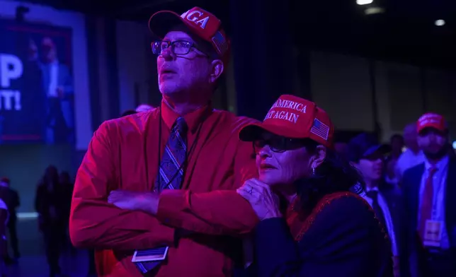 Mike and Dolly Rump of Madison, Fla., watch election results at an election night campaign watch party for Republican presidential nominee former President Donald Trump Tuesday, Nov. 5, 2024, in West Palm Beach, Fla.(AP Photo/Marta Lavandier)