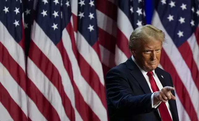 Republican presidential nominee former President Donald Trump points to the crowd at an election night watch party, Wednesday, Nov. 6, 2024, in West Palm Beach, Fla. (AP Photo/Julia Demaree Nikhinson)