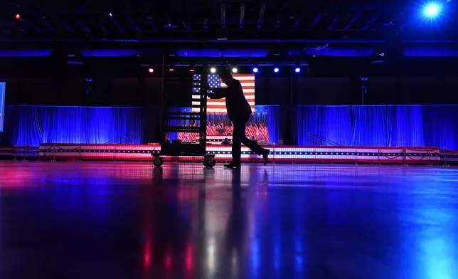 Workers continue to prepare the convention center ahead of an election night watch party for Republican presidential nominee former President Donald Trump Tuesday, Nov. 5, 2024, in West Palm Beach, Fla. (AP Photo/Alex Brandon)