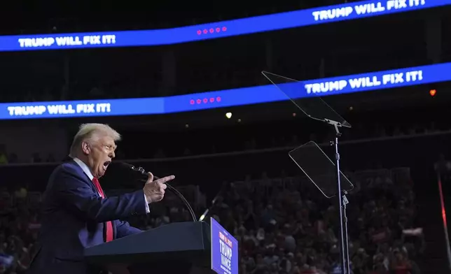 Republican presidential nominee former President Donald Trump speaks at a campaign rally at PPG Paints Arena, Monday, Nov. 4, 2024, in Pittsburgh, Pa. (AP Photo/Evan Vucci)