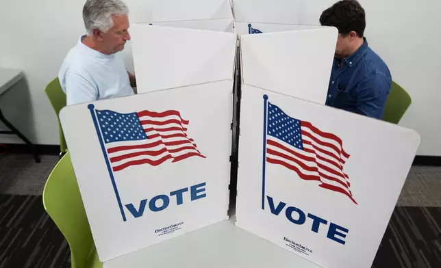 People mark their ballots at the polling place at Tysons-Pimmit Regional Library in Falls Church, Va., Thursday, Oct. 31, 2024. (AP Photo/Stephanie Scarbrough)