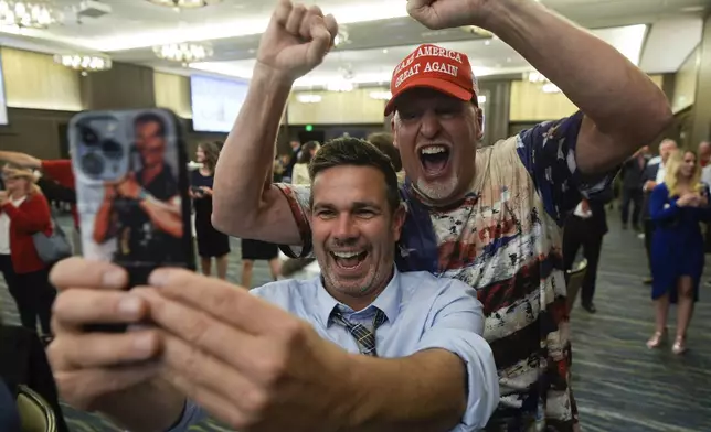 Supporters celebrate and take selfies during an election watch party for Republican U.S. Senate candidate Eric Hovde, Wednesday, Nov. 6, 2024, in Madison, Wis. (AP Photo/Morry Gash)