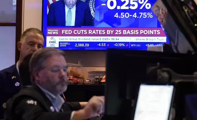 A screen on the floor of the New York Stock Exchange shows the Federal Reserve rate decision, Thursday, Nov. 7, 2024. (AP Photo/Richard Drew)