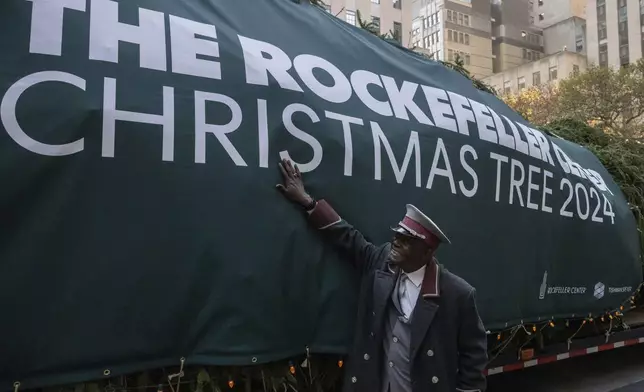 An employee touches the Rockefeller Center Christmas tree at Rockefeller Plaza, Saturday, Nov. 9, 2024, in New York. (AP Photo/Yuki Iwamura)