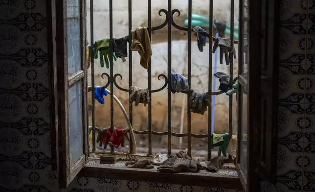 Gloves and cleaning utensils hang in a window during the clean-up after the floods, in a house in Masanasa, Valencia, Spain, Thursday, Nov. 7, 2024. (AP Photo/Emilio Morenatti)