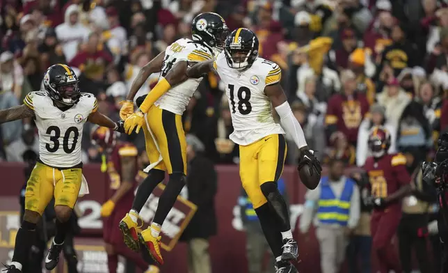 Pittsburgh Steelers wide receiver Mike Williams (18) celebrates his 32-yard touchdown reception with teammate wide receiver George Pickens (14) during the second half of an NFL football game against the Washington Commanders, Sunday, Nov. 10, 2024, in Landover, Md. (AP Photo/Stephanie Scarbrough)