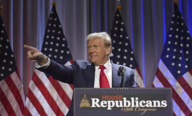 President-elect Donald Trump speaks as he arrives for a meeting with the House GOP conference, Wednesday, Nov. 13, 2024, in Washington. (AP Photo/Alex Brandon)