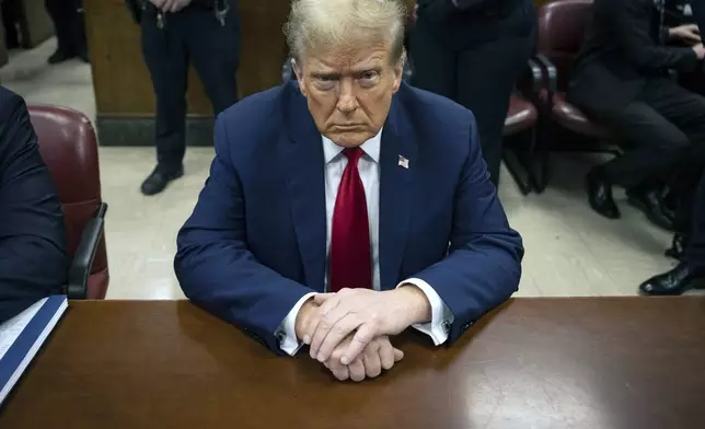 Former President Donald Trump waits for the start of proceedings in Manhattan criminal court, Tuesday, April 23, 2024, in New York. Before testimony resumes Tuesday, the judge will hold a hearing on prosecutors' request to sanction and fine Trump over social media posts they say violate a gag order prohibiting him from attacking key witnesses. (AP Photo/Yuki Iwamura, Pool)