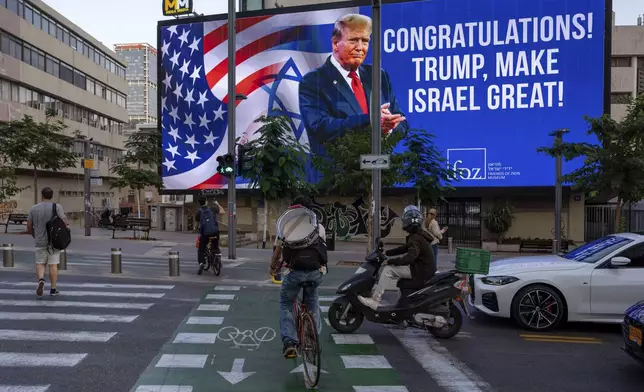 A billboard that displays a photo of U.S. President-elect Donald Trump and reads "Congratulations! Trump, make Israel great" is projected a day after the U.S. election, in Tel Aviv, Israel, on Wednesday, Nov. 6, 2024. (AP Photo/Oded Balilty)