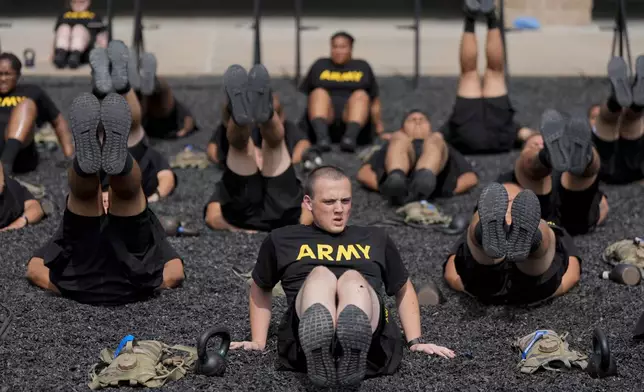 FILE - New recruits participate in the Army's future soldier prep course that gives lower-performing recruits up to 90 days of academic or fitness instruction to help them meet military standards, at Fort Jackson, a U.S. Army Training Center, in Columbia, S.C., Sept. 25, 2024. (AP Photo/Chris Carlson, File)