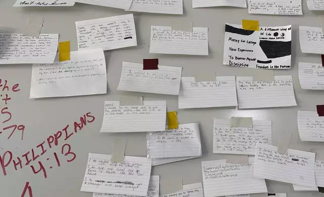 Index cards describing why the recruits joined the Army are taped to a large board on a wall at Fort Jackson, a U.S. Army Training Center, in Columbia, S.C., Sept. 25, 2024. (AP Photo/Lolita Baldor)