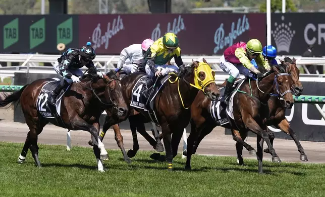 Knight's Choice, second right, ridden by Robbie Dolan, races to the finish line to win the Melbourne Cup horse race ahead of Warp Speed, center, ridden by Akira Sugawara, at Flemington Racecourse in Melbourne, Australia, Tuesday, Nov. 5, 2024. (AP Photo/Asanka Brendon Ratnayake)