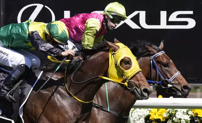 Knight's Choice, right, ridden by Robbie Dolan, crosses the finish line to win the Melbourne Cup horse race ahead of Warp Speed, ridden by Akira Sugawara, at Flemington Racecourse in Melbourne, Australia, Tuesday, Nov. 5, 2024. (AP Photo/Asanka Brendon Ratnayake)