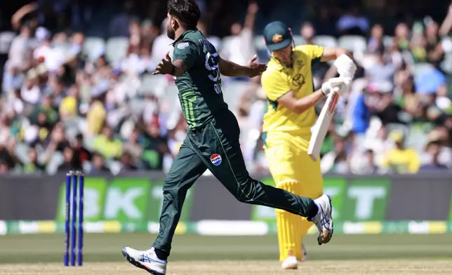 Pakistan's Haris Rauf, left, celebrates taking the wicket of Australia's Aaron Hardie, right, during their one day international cricket match in Adelaide, Australia, Friday, Nov. 8, 2024. (AP Photo/James Elsby)