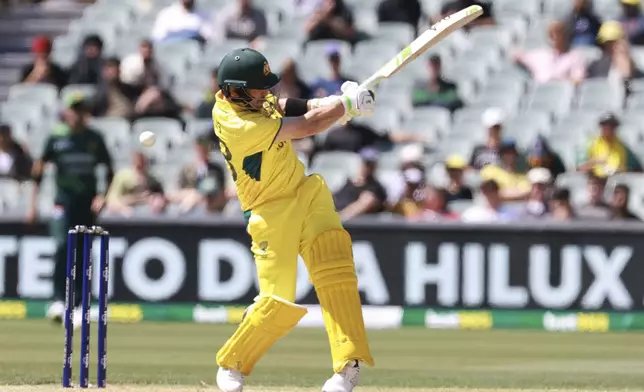 Australia's Josh Inglis a hits an edge and is caught out by Pakistan's captain Mohammad Rizwan off the bowling of Pakistan's Haris Rauf during the second one day international cricket match between Australia and Pakistan in Adelaide, Friday, Nov. 8, 2024. (AP Photo/James Elsby)