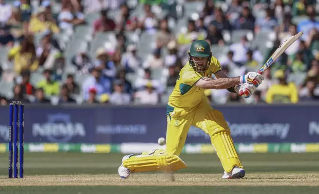 Australia's Glenn Maxwell plays a shot during the second one day international cricket match between Australia and Pakistan in Adelaide, Friday, Nov. 8, 2024. (AP Photo/James Elsby)