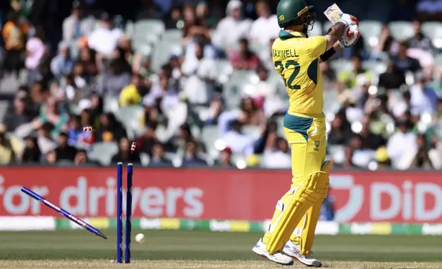 Australia's Glenn Maxwell chops onto his stumps off the bowling of Pakistan's Haris Rauf during their one day international cricket match in Adelaide, Australia, Friday, Nov. 8, 2024. (AP Photo/James Elsby)