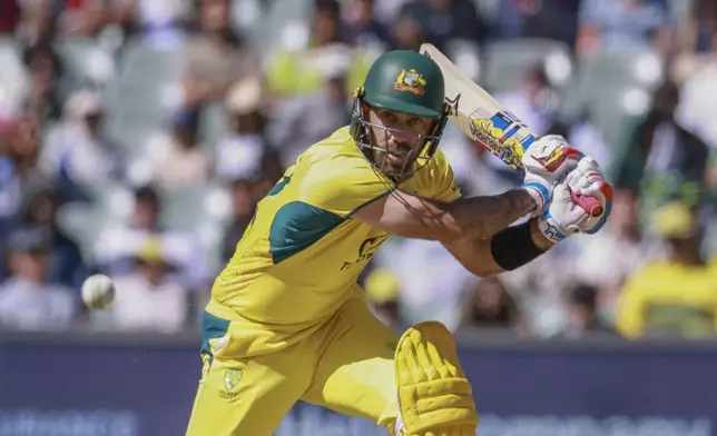 Australia's Glenn Maxwell plays a shot during the second one day international cricket match between Australia and Pakistan in Adelaide, Friday, Nov. 8, 2024. (AP Photo/James Elsby)