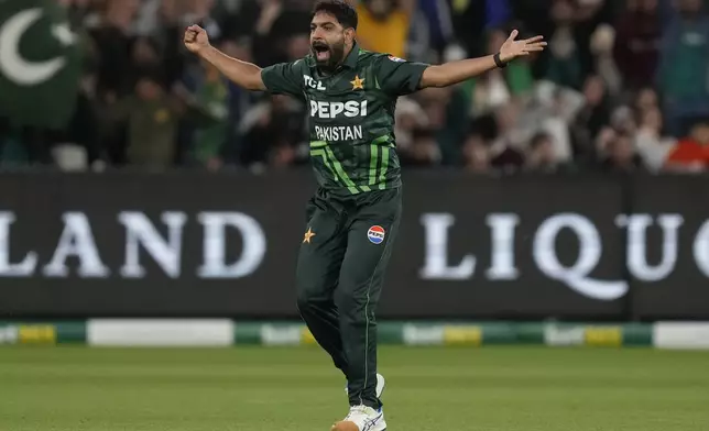 Pakistan's Haris Rauf celebrates the wicket of Australia's Marnus Labuschagne during their one day international cricket match in Melbourne, Monday, Nov. 4, 2024. (AP Photo/Asanka Brendon Ratnayake)