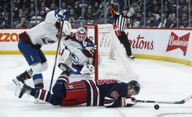 Winnipeg Jets' Mason Appleton (22) gets tripped by Colorado Avalanche's Devon Toews (7) in front of goaltender Alexandar Georgiev (40) during the second period of an NHL hockey game Thursday, Nov. 7, 2024 in Winnipeg, Manitoba. (John Woods/The Canadian Press via AP)