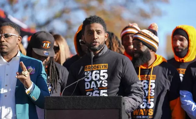 Baltimore Mayor Brandon Scott speaks during a press conference to celebrate achieving over 365 days without a homicide within the Brooklyn neighborhood Safe Streets catchment zone, Tuesday, Nov. 12, 2024, in Baltimore. (AP Photo/Stephanie Scarbrough)