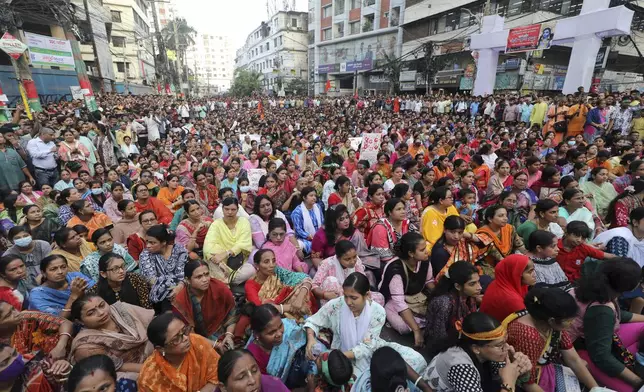 Bangladesh Hindus participate in a rally demanding that an interim government withdraw all cases against their leaders and protect them from attacks and harassment, in Chattogram, Bangladesh, Friday, Nov. 1, 2024. (AP Photo)
