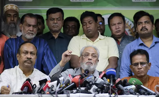 GM Quader, chairperson of the Jatiya Party, that supports the country's ousted leader Sheikh Hasina, speaks to the media about Thursday's attacks on his party's offices in Dhaka, Bangladesh, Friday, Nov. 1, 2024. (AP Photo/Mahmud Hossain Opu)