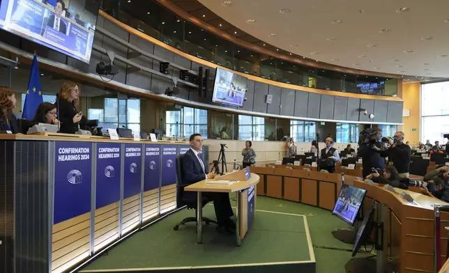 Malta's Glenn Micallef, candidate for EU Commissioner for Intergenerational Fairness, Youth, Culture and Sport, poses prior to his hearing at the European Parliament in Brussels, Belgium, on Monday, Nov. 4, 2024. (AP Photo/Virginia Mayo)