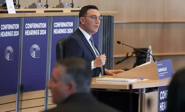 Malta's Glenn Micallef, candidate for EU Commissioner for Intergenerational Fairness, Youth, Culture and Sport, makes his opening address during his hearing at the European Parliament in Brussels, Belgium, on Monday, Nov. 4, 2024. (AP Photo/Virginia Mayo)