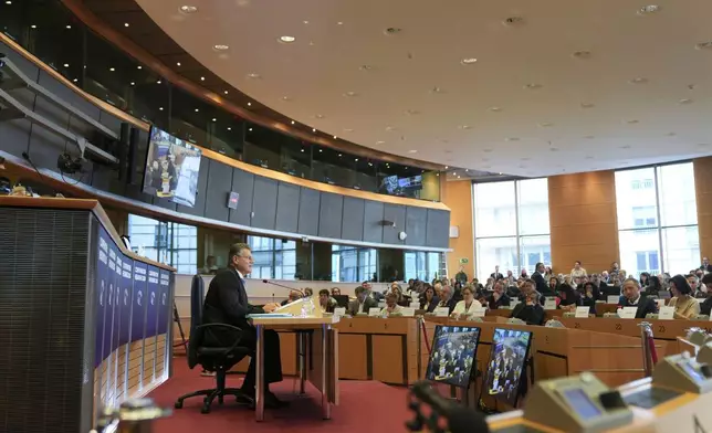 Slovakia's Maros Sefcovic, candidate for Commissioner for Trade and Economic Security, speaks during his confirmation hearing at the European Parliament in Brussels on Monday, Nov. 4, 2024. (AP Photo/Virginia Mayo)