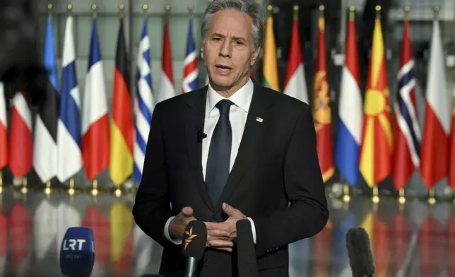 United States Secretary of State Antony Blinken speaks during a media conference at NATO headquarters in Brussels on Wednesday, Nov. 13, 2024. (Nicolas Tucat, Pool Photo via AP)