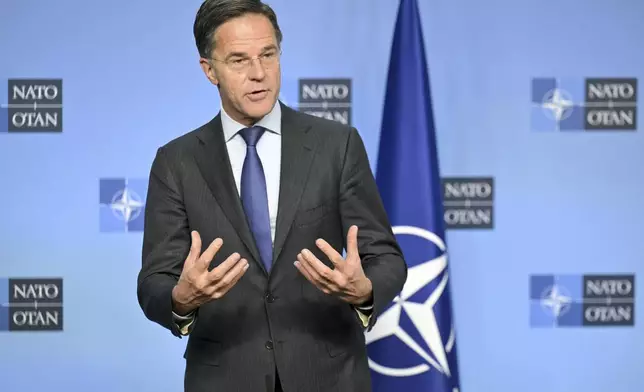 NATO Secretary General Mark Rutte delivers a statement with United States Secretary of State Antony Blinken, not pictured, prior to a meeting at NATO headquarters in Brussels, Wednesday, Nov. 13, 2024. (Nicolas Tucat, Pool Photo via AP)