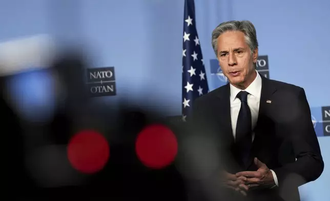 United States Secretary of State Antony Blinken delivers a statement prior to a meeting at NATO headquarters in Brussels on Wednesday, Nov. 13, 2024. (AP Photo/Virginia Mayo)