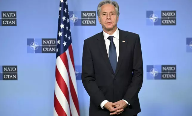 United States Secretary of State Antony Blinken delivers a statement with NATO Secretary General Mark Rutte, not pictured, prior to a meeting at NATO headquarters in Brussels, Wednesday, Nov. 13, 2024. (Nicolas Tucat, Pool Photo via AP)