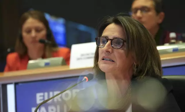 Spain's Teresa Ribera Rodriguez, nominee for European Union Executive Vice-President for Clean, Just and Competitive Transition, attends her confirmation hearing at the European Parliament in Brussels, Belgium on Tuesday, Nov. 12, 2024. (AP Photo/Virginia Mayo)