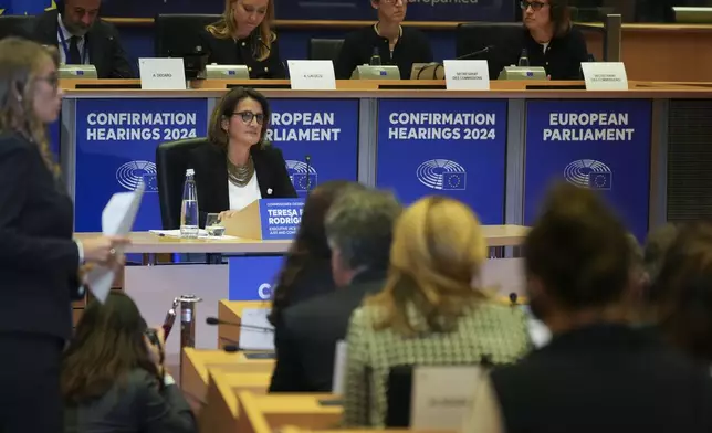 Spain's Teresa Ribera Rodriguez, nominee for European Union Executive Vice-President for Clean, Just and Competitive Transition, attends her confirmation hearing at the European Parliament in Brussels, Belgium on Tuesday, Nov. 12, 2024. (AP Photo/Virginia Mayo)