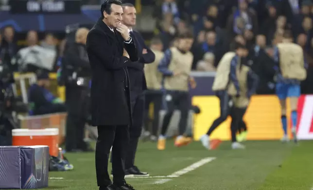 Aston Villa's head coach Unai Emery watches the Champions League opening phase soccer match between Club Brugge and Aston Villa at Jan Breydelstadion in Bruges, Belgium, Wednesday, Nov. 6, 2024. (AP Photo/Geert Vanden Wijngaert)