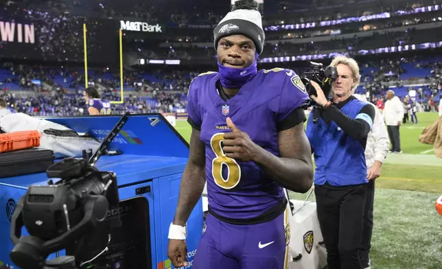 Baltimore Ravens quarterback Lamar Jackson (8) walks from the field after an NFL football game against the Cincinnati Bengals, Thursday, Nov. 7, 2024, in Baltimore. The Ravens won 35-34. (AP Photo/Nick Wass)