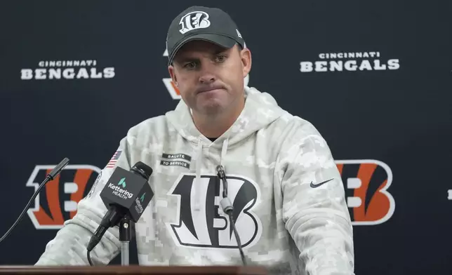 Cincinnati Bengals head coach Zac Taylor pauses as he speaks after an NFL football game against the Baltimore Ravens, Thursday, Nov. 7, 2024, in Baltimore. The Ravens won 35-34. (AP Photo/Stephanie Scarbrough)