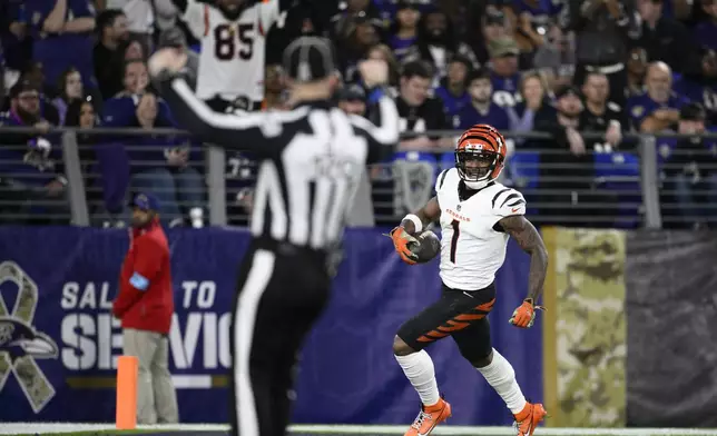 Cincinnati Bengals wide receiver Ja'Marr Chase celebrates after scoring a 67-yard touchdown during the second half of an NFL football game against the Baltimore Ravens, Thursday, Nov. 7, 2024, in Baltimore. (AP Photo/Nick Wass)