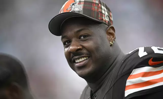 FILE - Cleveland Browns defensive tackle Quinton Jefferson (72) stands on the sideline during the second half of an NFL football game against the Jacksonville Jaguars, Sept. 15, 2024, in Jacksonville, Fla. (AP Photo/Phelan M. Ebenhack, File)