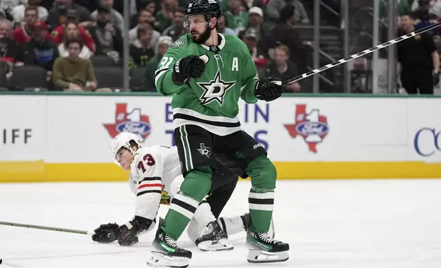 Dallas Stars center Tyler Seguin (91) and Chicago Blackhawks left wing Lukas Reichel (73) look on after a shot at the net by Reichel in the second period of an NHL hockey game in Dallas, Thursday, Nov. 7, 2024. (AP Photo/Tony Gutierrez)