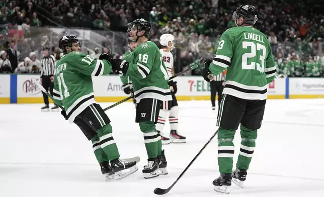 Dallas Stars' Logan Stankoven (11), Sam Steel (18) and Esa Lindell (23)j celebrate a goal scored by Steel in the first period of an NHL hockey game against the Chicago Blackhawks in Dallas, Thursday, Nov. 7, 2024. (AP Photo/Tony Gutierrez)